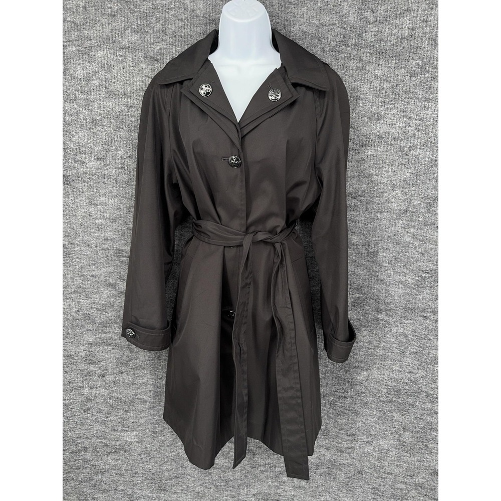 Calvin Klein Trench Coat Womens Large Black Belted Hooded Button Front Lined